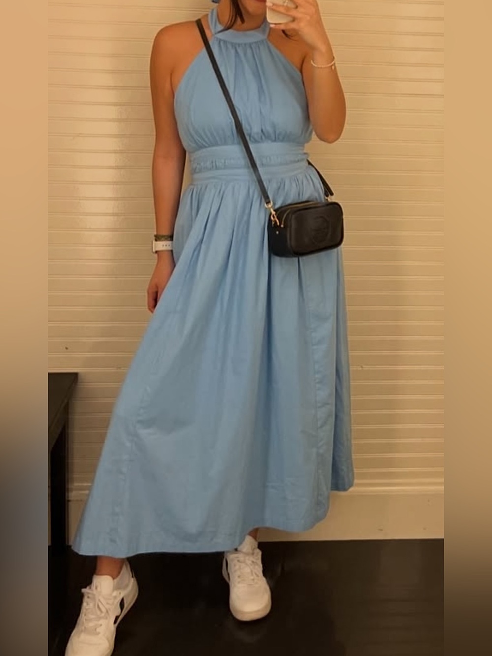 Light Blue Halter Maxi Dress with Defined Waist